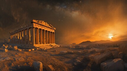 Fototapeta premium Ancient temple at sunset with dramatic sky.