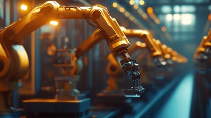 Automated Precision: A line of robotic arms diligently work in a modern industrial setting, their movements synchronized with precision and efficiency.