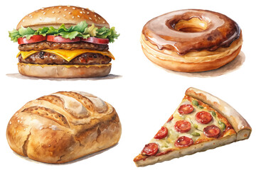 Delicious fast food, colorful burger, sweet donut, fresh bread, cheesy pizza, appetizing illustrations, food art.