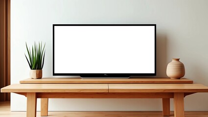 Blank white smart TV screen on a wooden table