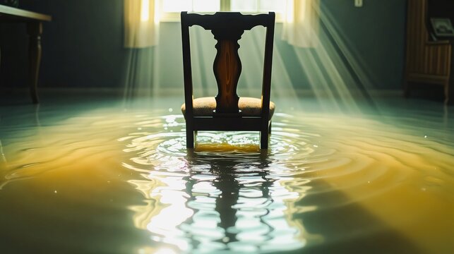 Submerged Chair in Flooded Room, A solitary wooden chair sits submerged in a flooded room, its reflection mirroring in the still water surface. The chaotic aftermath of flooding is evident.