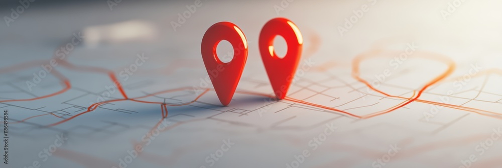 Poster Two red location pins sitting on a map, highlighting an orange route, representing the concepts of online navigation and efficient route planning for travel adventures