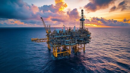 Offshore oil platform at sunset.