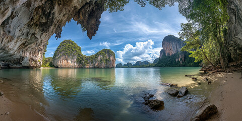 Stunning tropical lagoon with towering limestone cliffs and lush greenery