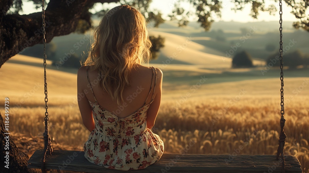 Wall mural Woman on swing, sunset, wheat field, peaceful landscape, idyllic scene