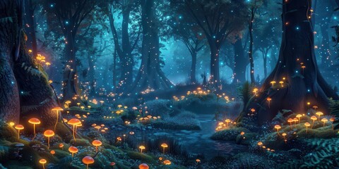A serene, glowing forest scene filled with bioluminescent mushrooms and enchanting blue hues.