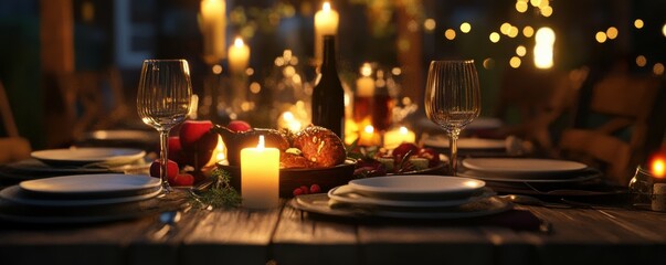 Rustic wooden dining table set with gourmet dishes and elegant cutlery, cozy and refined dinner setup.