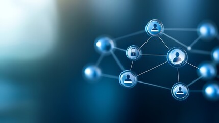 Abstract 3d render of blue interconnected spheres network with white dots, visualizing technology, data, and global connections