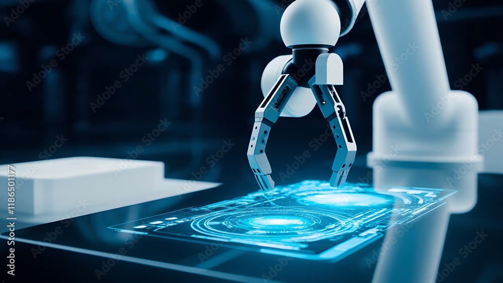 Poster robotic arm manipulating digital interface modern factory technology visualization high-tech environ