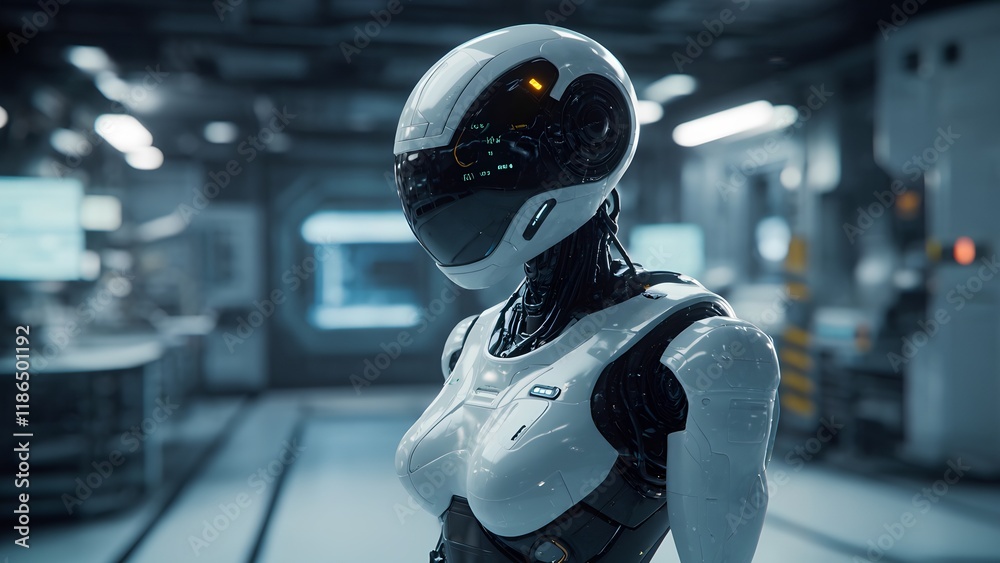 Poster futuristic robot interaction advanced laboratory digital art tech environment close-up view ai conce