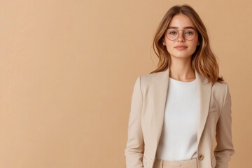 Obraz premium Confident and Composed: A young woman with a warm smile and a hint of confidence radiates professionalism in her beige suit and glasses.