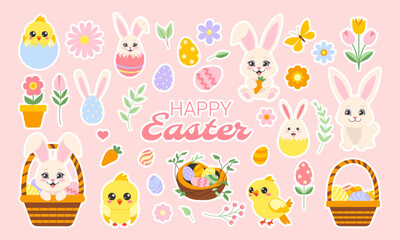 A collection of Easter-themed stickers featuring rabbits, birds, and flowers. The stickers are arranged in a basket and are meant to bring joy and cheer to those who see them