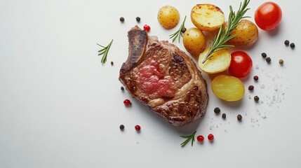Grilled steak with boiled potatoes and vegetables on white background.