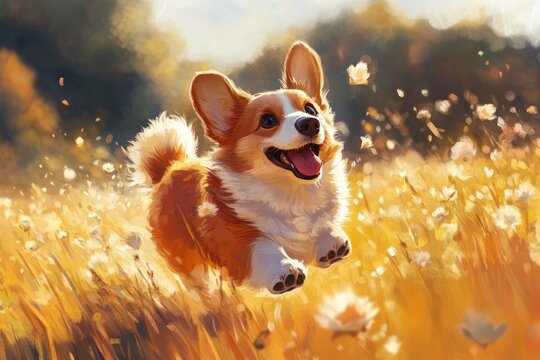 a corgi dog running around in a field, anime style, pastel colors