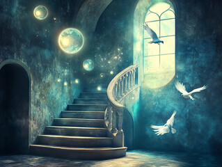 Magical staircase with glowing orbs and doves in a mystical room