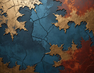 An abstract background with a textured, cracked surface resembling aged metal, primarily featuring a deep rust-red color 