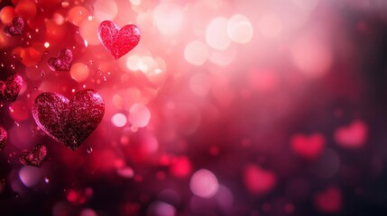 Obraz premium Blurred soft heart-shaped lights glowing on a deep crimson background, offering a warm romantic tone, book illustration style
