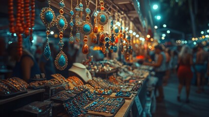 Fototapeta premium Night Market Jewelery Display: Vibrant Gems and Golden Accents