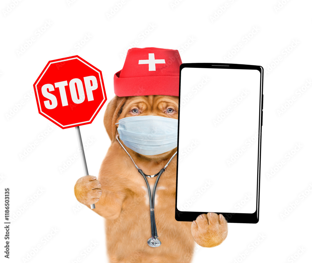 Poster mastiff puppy wearing like a doctor with stethoscope on his neck showing big smartphone with white b