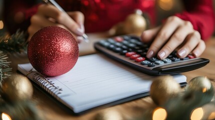 christmas budget planning - hands writing in notepad with calculator and festive decorations.