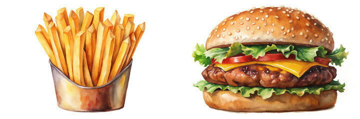 Delicious fast food, crispy fries, juicy burger, vibrant colors, watercolor style, appetizing presentation, restaurant menu design.