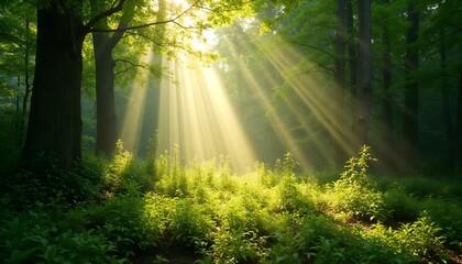 Obraz premium Sunlight streaming through trees in a lush green forest, creating a magical atmosphere