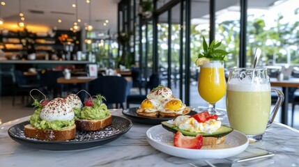 A gourmet brunch spread on a marble table featuring avocado toast, poached eggs, fresh juice, and a frothy latte in a sunlit café.