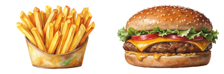 Delicious fast food, crispy fries, juicy burger, colorful presentation, appetizing meal, restaurant style, food illustration.