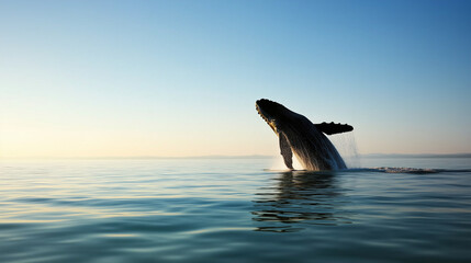 Fototapeta premium A majestic whale breaching the ocean surface under a clear blue sky, minimalist.