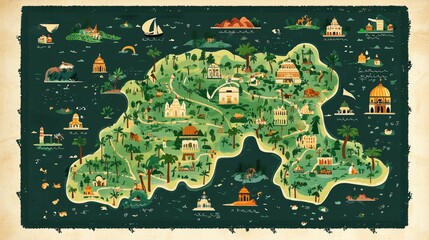 Naklejka premium Whimsical Island Adventure: An Illustrated Travel Map of Architectural Wonders and Cultural Delights
