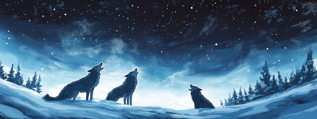 Fototapeta premium Wolves gathered in a snowy landscape, howling under the starry sky, World Wildlife Day