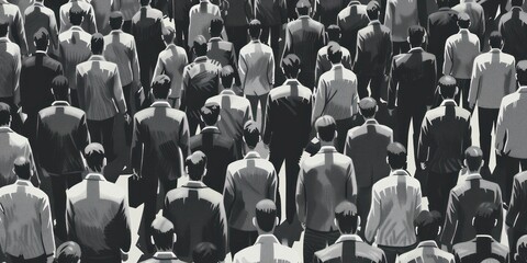 Obraz premium black and white drawing crowd people back view walk to race rat hopeless work majority business man algorithm control