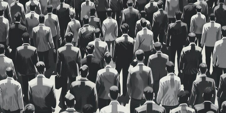 black and white drawing crowd people back view walk to race rat hopeless work majority business man algorithm control
