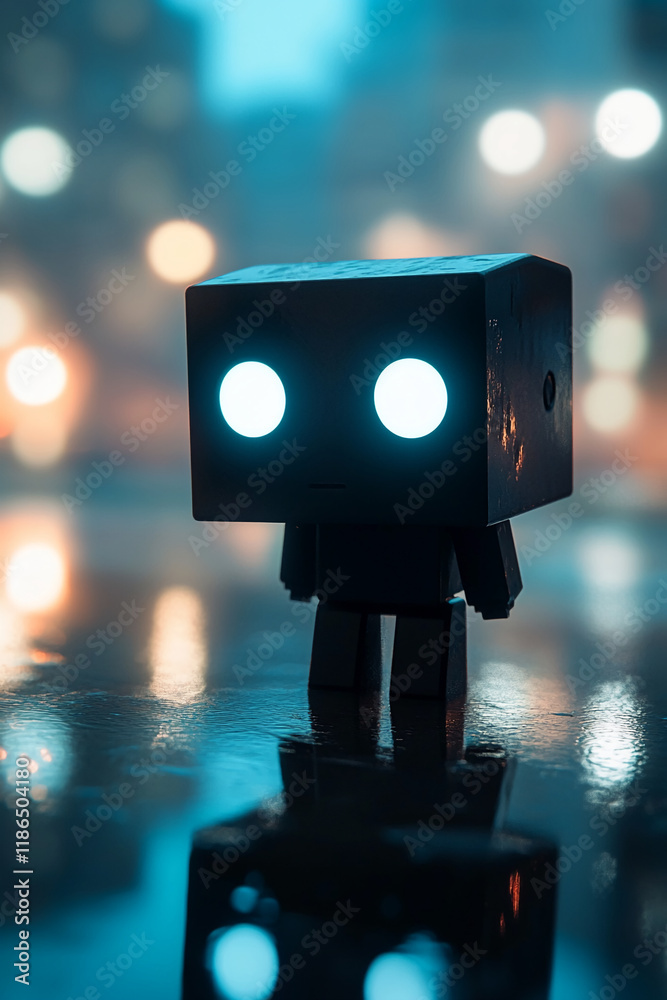Aufkleber minimalist robot figure with glowing eyes and wet reflective surface