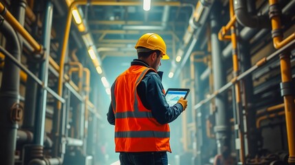 Industrial Site Inspection , A dedicated construction worker in safety gear examines blueprints on a tablet within a bustling industrial environment. 