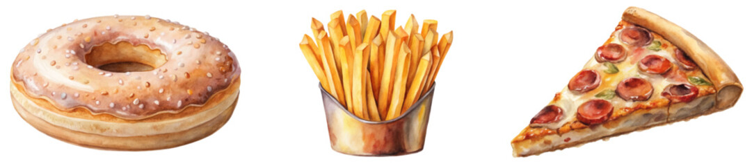 Delicious fast food, watercolor illustration, pizza slice, crispy fries, sweet donut, vibrant colors, appetizing design.