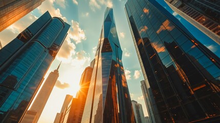 Sunset Cityscape - Skyscrapers Reflecting Golden Light , A breathtaking cityscape scene with towering skyscrapers reflecting the warm glow of a setting sun against a vibrant blue sky.