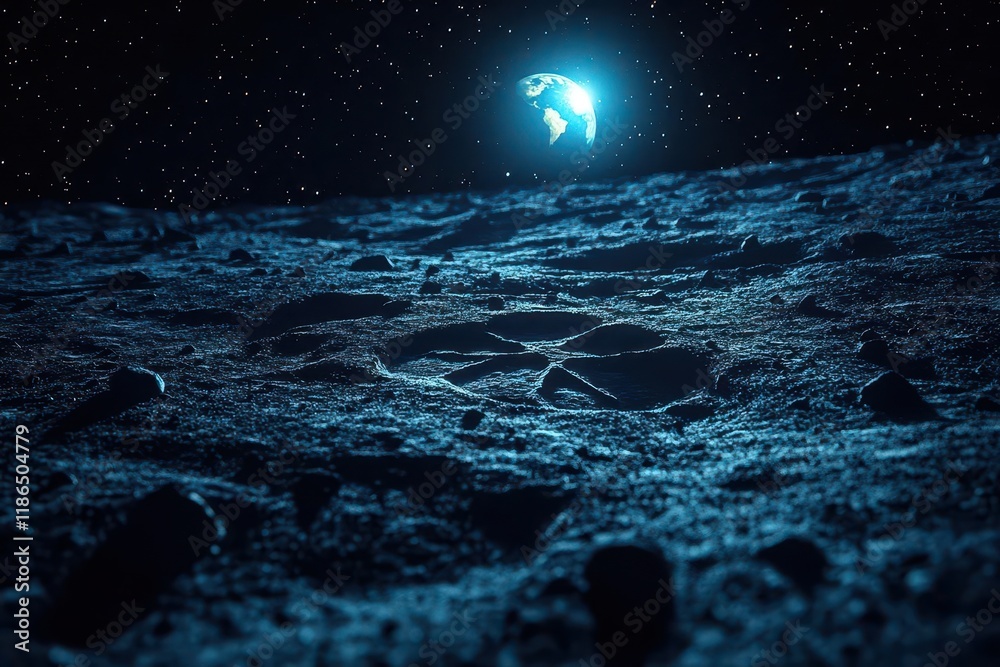 Wall mural mysterious alien footprints creating strange patterns in lunar dust with earth rising on horizon and