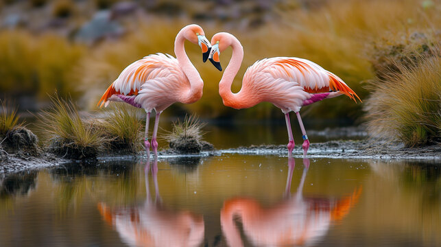 Flamingos standing elegantly in a lagoon, their reflections shimmering in the water, World Wildlife Day