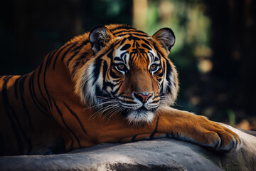 Obraz premium portrait of a tiger on a green background