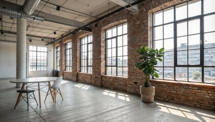 Fototapeta premium Bright industrial loft with large windows and modern furniture