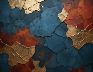 An abstract background with a textured, cracked surface resembling aged metal, primarily featuring a deep rust-red color 