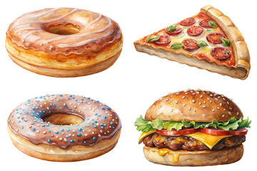 Delicious food illustrations, colorful donuts, pepperoni pizza slice, juicy hamburger, appetizing watercolor style.