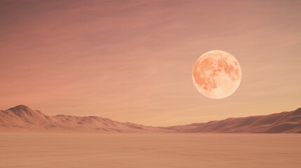 Full moon rising over a desert landscape with soft pink and orange tones Serene evening scene highlighting lunar beauty and natural desert environment