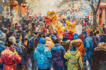 Fototapeta premium Chinese New Year dragon dance, dynamic parade scene, lion and dragon dancers, vivid details, cheering crowd, cultural richness