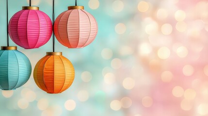 Colorful paper lanterns hanging against a blurred background with soft bokeh lights in pastel colors