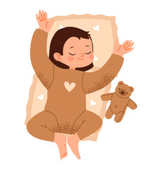 Sleeping baby in cozy pajamas with toy and pillow. Baby shower, nursery decor. Flat vector illustration.