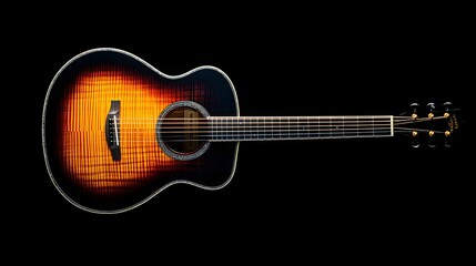 A sunburst acoustic guitar displayed on a black background