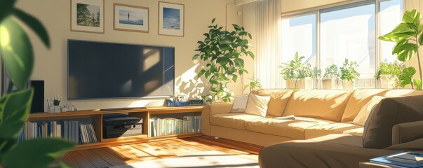 Fototapeta premium Scandinavian home interior design of modern living room with large beige sectional sofa, against tv.