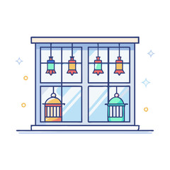 festive lanterns in windows vector icon, eid al-fitr vector illustration - simple illustration of festive lanterns in windows perfect for logos, and eid al-fitr-themed designs.